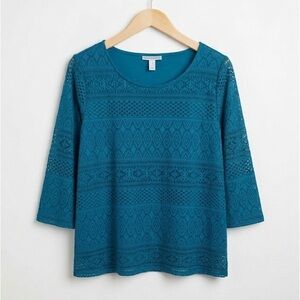 Dana Buchman Turquoise Lace 3/4 Bell Sleeve Lace Overlay Blouse